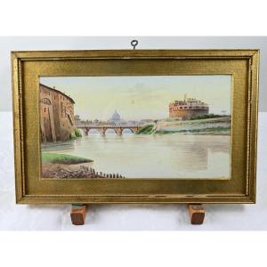 Roman Landscape Castel San't Angelo And River Tiber Watercolour Signed Conti, Italy Late 19th 